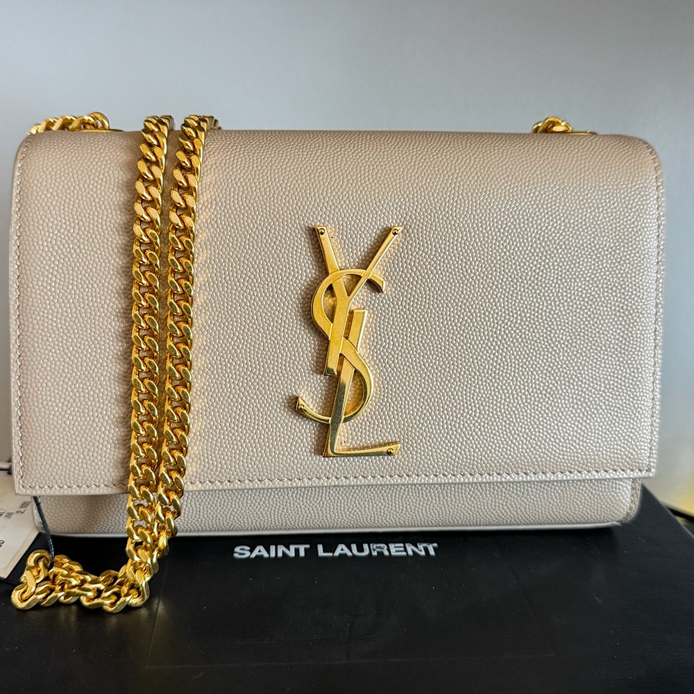 Saint Laurent Cream Gold Crossbody Bag with Iconic Logo